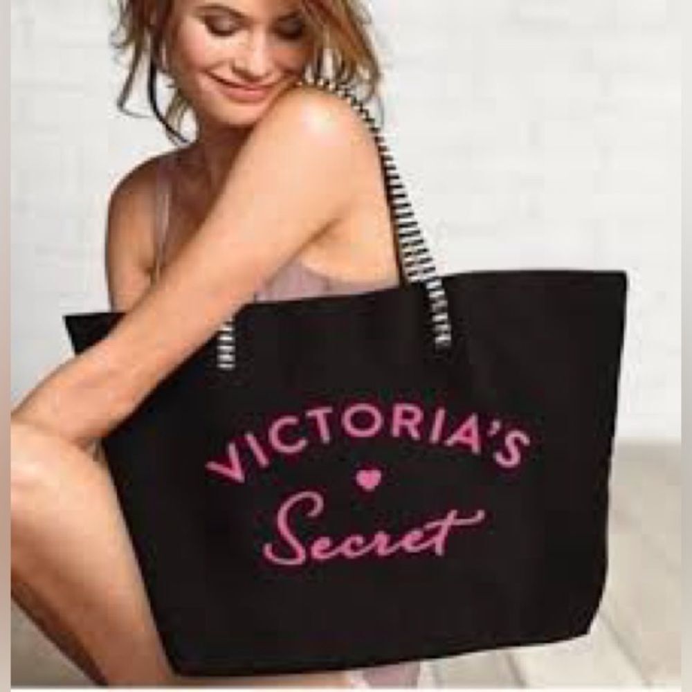 Victoria Secret Black Canvas Signature Oink Neon Heart Tote Bag